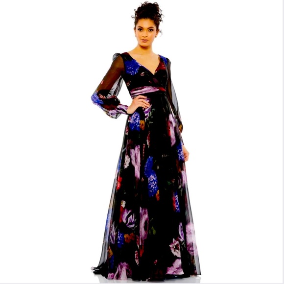 Mac Duggal Long Floral Print Chiffon Evening Dress - Picture 1 of 16